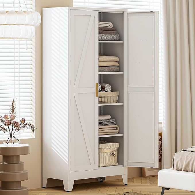 71" H White Pantry Cabinet,Metal Storage Cabinets with Doors and Shelves,Tall Food Kitchen Cabinets,Farmhouse Kitchen Cabinet,Freestanding Cabinet