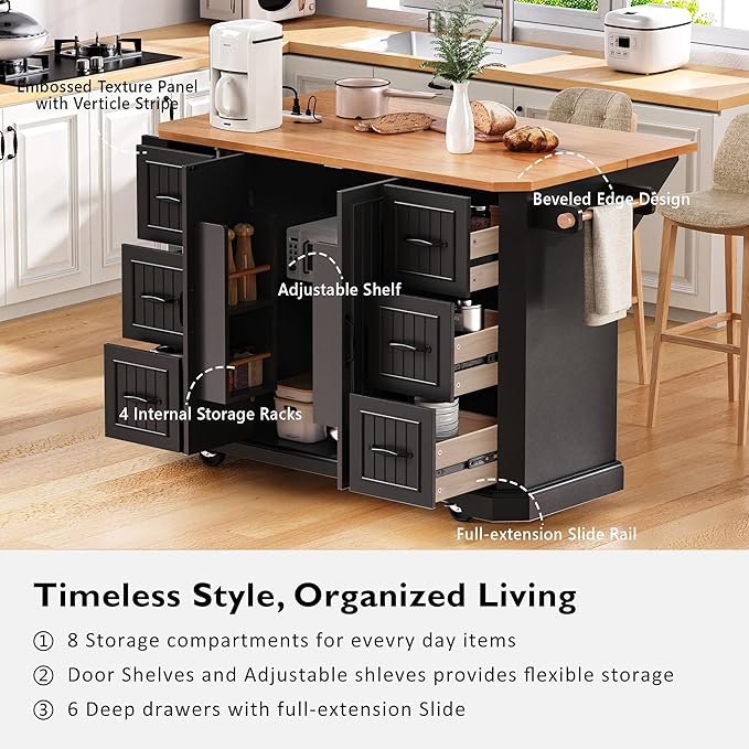 Merax Farmhouse Rolling Kitchen Island on Wheels with Drop Leaf Table & Power Outlet, Wood Kitchen Cart on Wheels with Towel Rack, 6 Drawers & Cabinet, 55" Wide Black