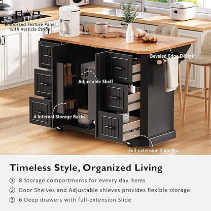 Merax Farmhouse Rolling Kitchen Island on Wheels with Drop Leaf Table & Power Outlet, Wood Kitchen Cart on Wheels with Towel Rack, 6 Drawers & Cabinet, 55" Wide Black
