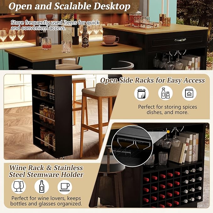 73” Kitchen Island with Extendable Dining Table, Multifunctional Wine Cabinet with 1 Door, 5 Drawers, Open Side Shelves, Wine Rack, Stemware Holder, Rolling Wheels, Chairs Not Include, Black+Natural