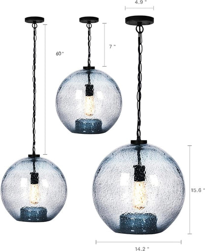 CASAMOTION Farmhouse Pendant Lighting Hand Blown Blue Glass Pendant Lights Kitchen Island Dining Room Table Entryway Black Ceiling Hanging Light Fixtures Large Globe Shade 15.6 Inch H
