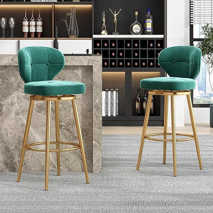 Counter Height stools Set of 2, 360° s with Back and Footrest, Thickened Upholstered Cushion, Tall Chairs for Kitchen Island, Dining Room, Home, Cafe,Green-Sitting Height 75cm
