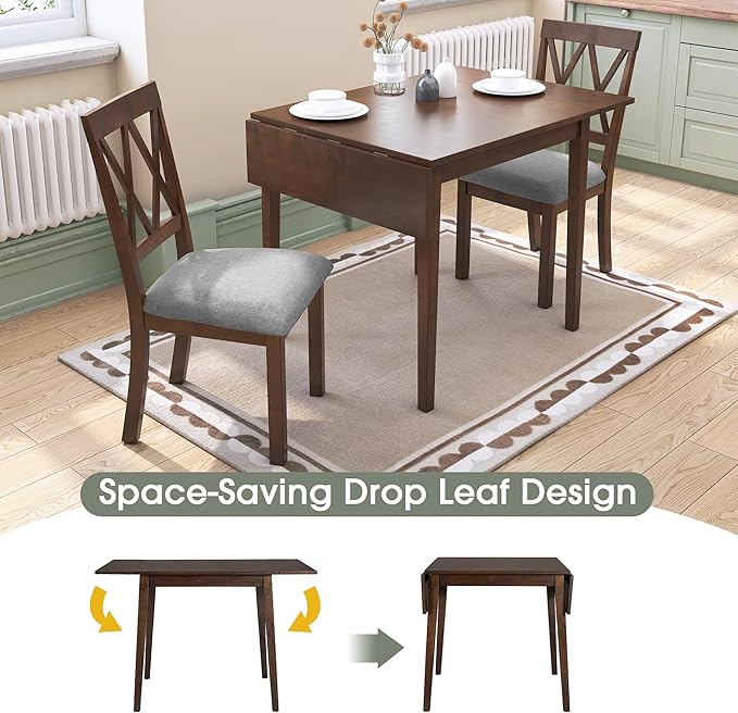 Ball & Cast 3-Piece Farmhouse Kitchen Island Drop Leaf Table-Chair Set, 29.57“/45.67" Folding Table w/ 2pcs Backrest Dining Chairs,Foldable Wooden Breakfast Set for Small Place,Space Saving, Brown