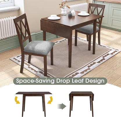 Ball & Cast 3-Piece Farmhouse Kitchen Island Drop Leaf Table-Chair Set, 29.57“/45.67" Folding Table w/ 2pcs Backrest Dining Chairs,Foldable Wooden Breakfast Set for Small Place,Space Saving, Brown