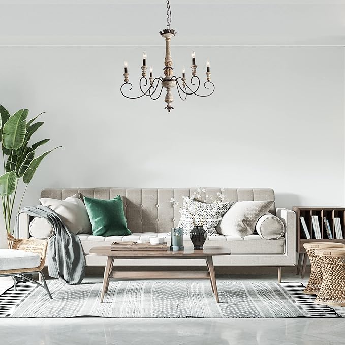 LALUZ Farmhouse Chandelier, French Country Lighting for Dining Room, 6-Light Shabby Chic Chandelier, Cloud Arms in Rusty Metal Finish, Distressed Wood, 31.1" L