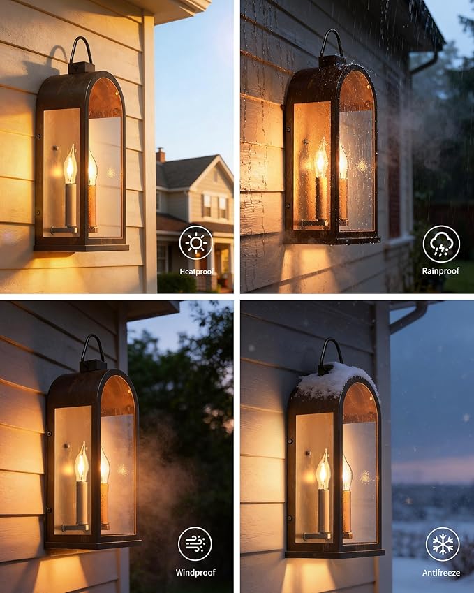 Outdoor Wall Light Fixtures, 2-Light Porch Lights Outdoor, Matte Bronze Exterior Waterproof Wall Sconce with Glass Shade, Outside Lantern for House Garage Doorway Patio Entryway, E12 Socket