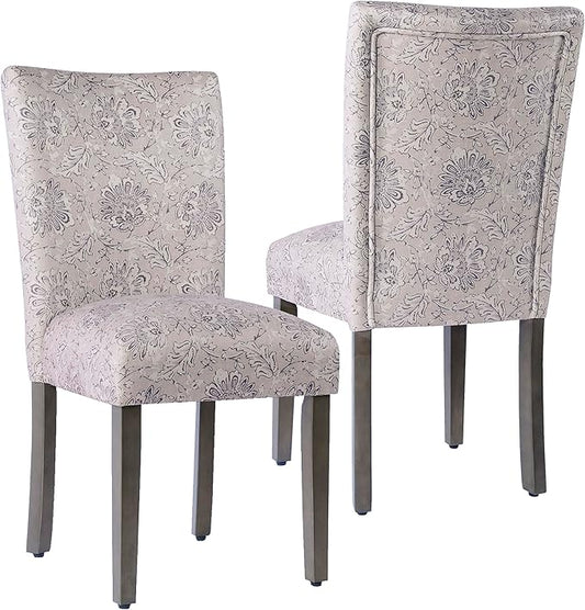 HomePop Classic Parsons Dining Chair -Gray Linen Artistic Floral Print (Set of 2)
