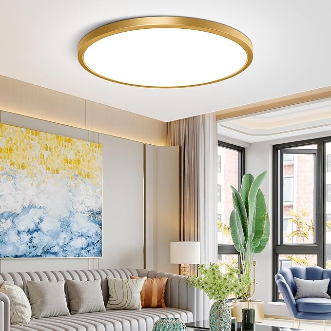 12Inch Flush Mount Ceiling Light Fixture LED, 24W(240W Equivalent), 3200LM, 5000K Daylight White, IP40, Flat Modern Round Ceiling Lights for Bedrooms, Living Rooms, Bathrooms, Stairwells, etc.(Gold)