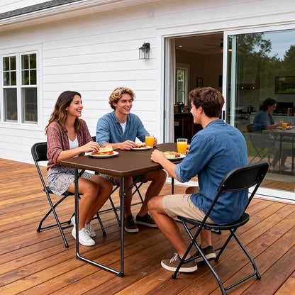 Folding Table 4ft - Heavy Duty Fold-in-Half Plastic Table with Adjustable Height, Portable Utility Tables with Steel Legs for Indoor, Outdoor, Picnic, Camping, Dining, Party(Brown)