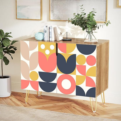 SIGNWIN Sideboard Buffet Cabinet, Kitchen Storage Cabinet with 2 Doors, Mid-Century Vibrant Polygon Pattern, Cupboard Console Table for Dining Room - 35" L x 18" W x 29" H