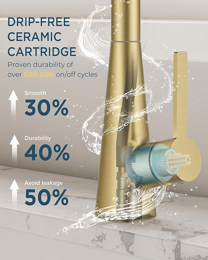 FORIOUS Gold Kitchen Faucet with Pull Down Sprayer, Classic High Arc Stainless Steel Faucet for Kitchen Sink, Single Handle for 1 or 3 Hole Decks for RV Bar Farmhouse Laundry Camper