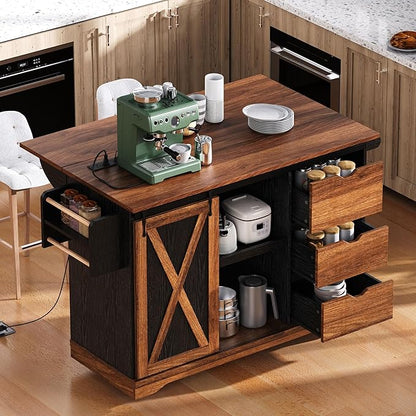 RUNNA Farmhouse Kitchen Island with Drop Leaf, Kitchen Storage Island with Barn Door, Power Outlet,Rolling Kitchen Cart on Wheels with Spice Rack, for Home, Kitchen,Dining Room (Black_29)