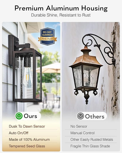 VIANIS Outdoor Wall Lights, 14.5" H Oil Rubbed Bronze Dusk to Dawn Outdoor Lighting, Porch Lights Outdoor with Seed Tempered Glass, Outside Lights for House, Porch, Doorway, Waterproof and Anti-Rust