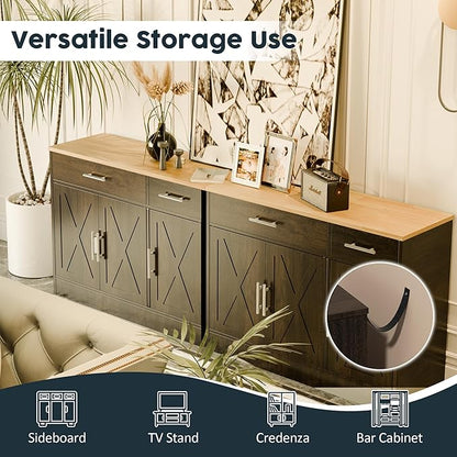 Buffet Cabinet with Drawers, Wooden Storage with 3 Doors and 2 Drawers, Adjustable Shelf, Modern Farmhouse Coffee Bar Cabinet with Storage for Kitchen/Laundry/Living Room, Brown