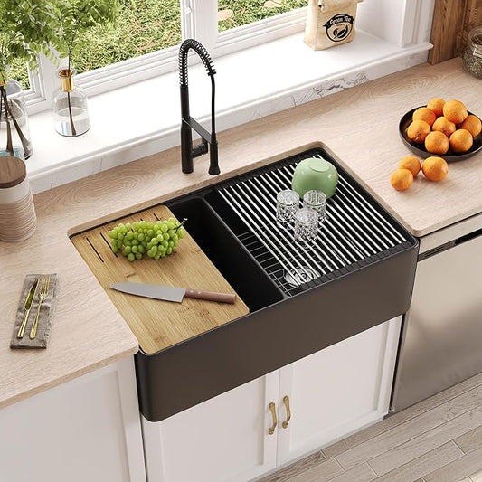 DeerValley Farmhouse Sink Workstation 33 inch, Black Fireclay Apron Front Farm Sinks, Double Bowl Deep Drop-in Undermount Sink with Workstation Accessories