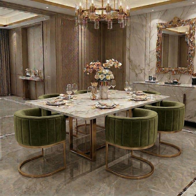 Hyfirm Olive Green and Gold Modern Barrel Dining Room Chairs Set of 6, Velvet Upholstered Accent Chairs with Curved Back for Kitchen Island, Luxury Comfort Seating Cantilever Metal Frame