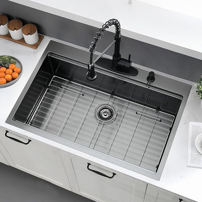 33x19 Drop In Kitchen Sink Black - 16 Gauge Stainless Steel Workstation Sinks Ledge Handmade 10 Inch Deep Single Bowl Kitchen Sink Top Mount Easy to Clean