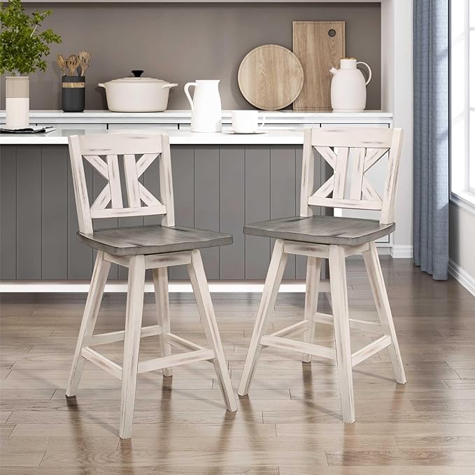 Lexicon Counter Height Stools Set of 2-Solid Wood Frame 360° Swivel Wooden Stools, Foot Rest, KK Back, Wide Seat, Distressed Farmhouse Easy to Clean Finish, 24" SH, Antique White/Grey