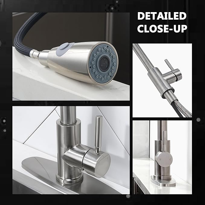 Comllen Kitchen Faucet with Pull Down Sprayers, Brushed Nickel Kitchen Faucets, Modern Pull Out Stainless Steel Kitchen Sink Faucet Single Handle Faucet Swivel Spout with Deck Plate