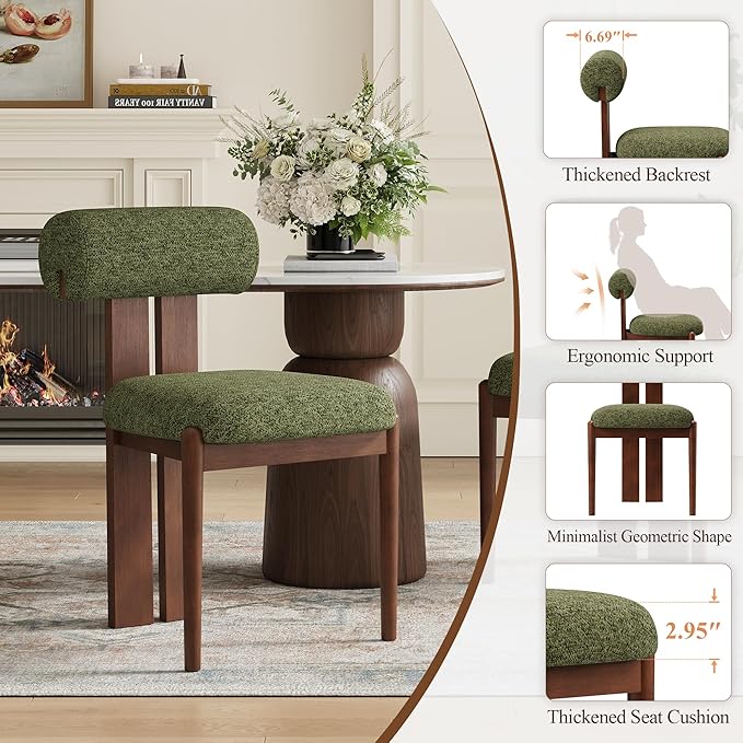 MALOL Modern Wooden Dining Chairs Set of 2, Upholstered Fabric Kitchen Chairs with Sculptural Backrest, Mid-Century Farmhouse Dining Room Chairs with Solid Wood Legs, Green