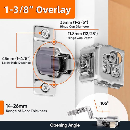 Decobasics 20 Pack Soft Close Cabinet Hinges 1-3/8" Overlay for Kitchen Cabinet Doors, Slow Self-Closing Concealed Hidden Hinges for Face Frame –Stainless Steel, 3-Way Adjustable & Quiet Close Damper