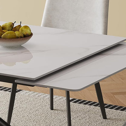Runboll 47"-71" Extendable Sintered Stone Dining Table for 4 to 8, Modern Rectangular Kitchen Table with Carbon Steel Legs for Dining Room Family Gathering