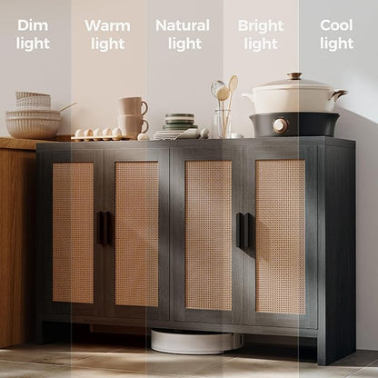 Mericonia Rattan Buffet Cabinet with Storage, Sideboard with Doors, Console Table, Farmhouse Coffee Bar, Modern Wood Long Cabinets (Brown Black)