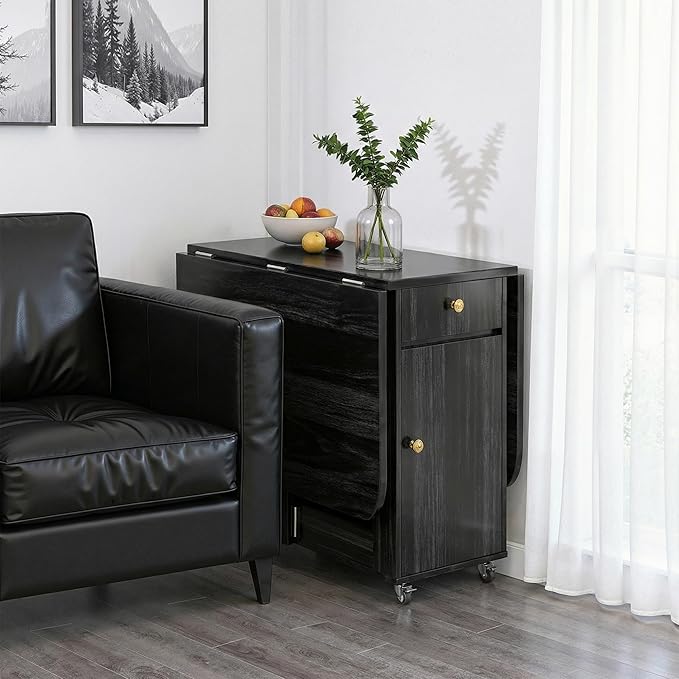 Small Folding Dining Table - 51" Fully Assembled Drop Leaf Table 4-6 Seater with Storage and Lockable Wheels, Space-Saving for Kitchen or Dining Room (Black)