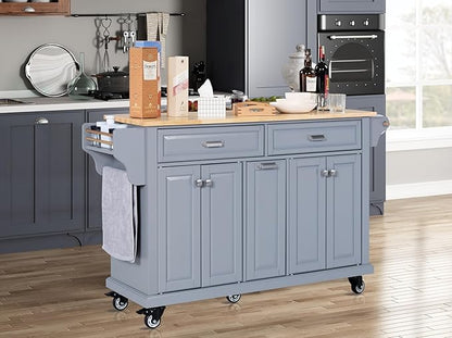 GOWE Kitchen Island with Rubber Wood Countertop, Kitchen Cart on 5 Wheels with Storage Cabinet and 2 Top Drawers and A Center Double Layered Storage Drawer for Dinning Room, Grey