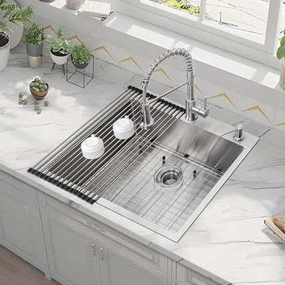 25x22Inch Drop In Kitchen Bar Sink, Herogo Stainless Steel Handmade 10'' Deep Topmount Single Bowl Kitchen Workstaion Rv Sink Basin for Laundry Room Utility with Accessories