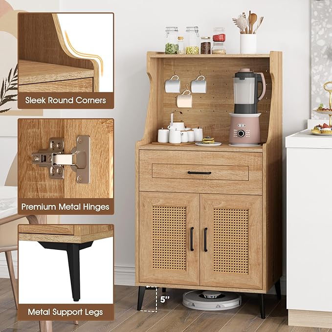 LOKO 45.5” Kitchen Pantry Cabinet Set of 2, Coffee Bar Cabinet with DIY Pegboard, Rattan Buffet Sideboard with Adjustable Shelf, Mid Century Modern Hutch Cabinet for Living Room, Oak (2)