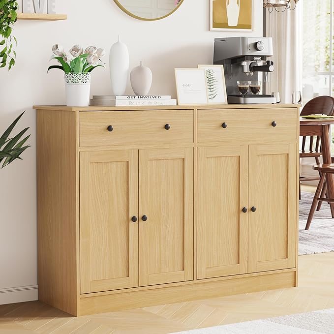 holzart 49" Oak Buffet Cabinet with Doors & Drawers, Modern Kitchen Storage Sideboard, Coffee Bar Console Table for Dining Room, Living Room, Entryway