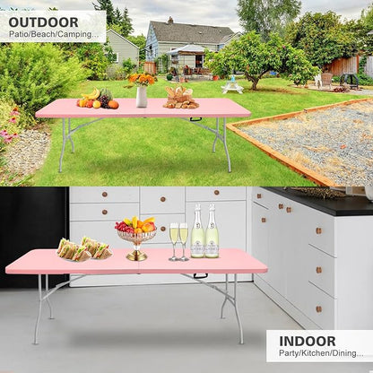 Portable 8Ft Plastic Folding Table, Heavy Duty 8ft Fold-in-Half Table with Carrying Handle, 8' Folding Utility Foldable Table for Picnic Party Camping Kitchen, Indoor/Outdoor (Pink)