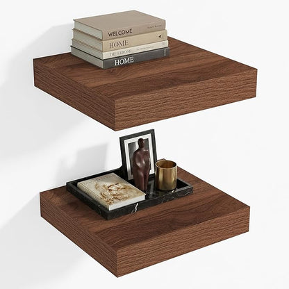 Heimlove 12 Inch Deep Floating Shelves, 12 x 12 inches Long Wall Shelf, Large Extra Display Shelf & Storage Shelf, Rustic Wood Wall Shelves for Fireplace Mantel, Walnut - 2Pack