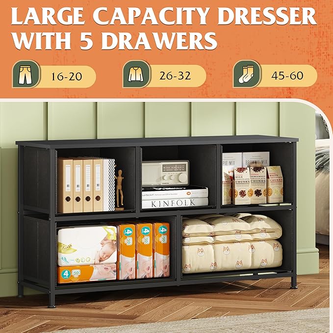 WLIVE Dresser for Bedroom with 5 Drawers, Wide Chest of Drawers, Fabric Dresser, Storage Organizer Unit with Fabric Bins for Closet, Living Room, Hallway, Vintage Green