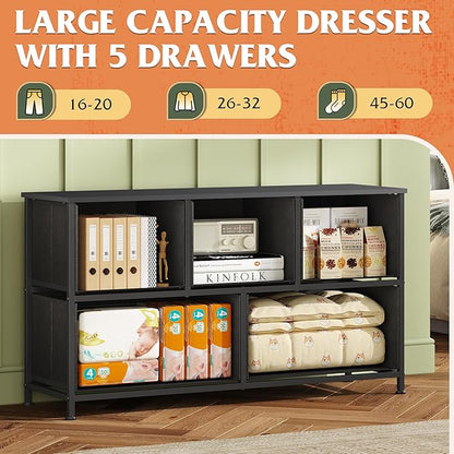 WLIVE Dresser for Bedroom with 5 Drawers, Wide Chest of Drawers, Fabric Dresser, Storage Organizer Unit with Fabric Bins for Closet, Living Room, Hallway, Vintage Green