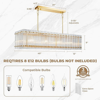 IKK Modern Rectangle Gold Chandeliers for Dining Room, 40" Ribbed Glass Island Light Fixture, Linear Farmhouse Lighting with Adjustable Height for Kitchen Island, Living Room