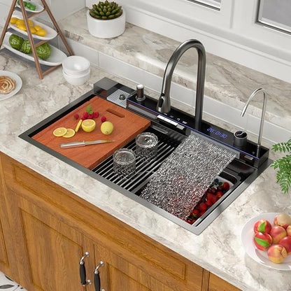 Mocoloo 33 Inch Black Honeycomb Waterfall Kitchen Sink Drop in, 33x19 Inch Stainless Steel Workstation Sink 16 Gauge Topmount Single Bowl Sink with Complete Kit