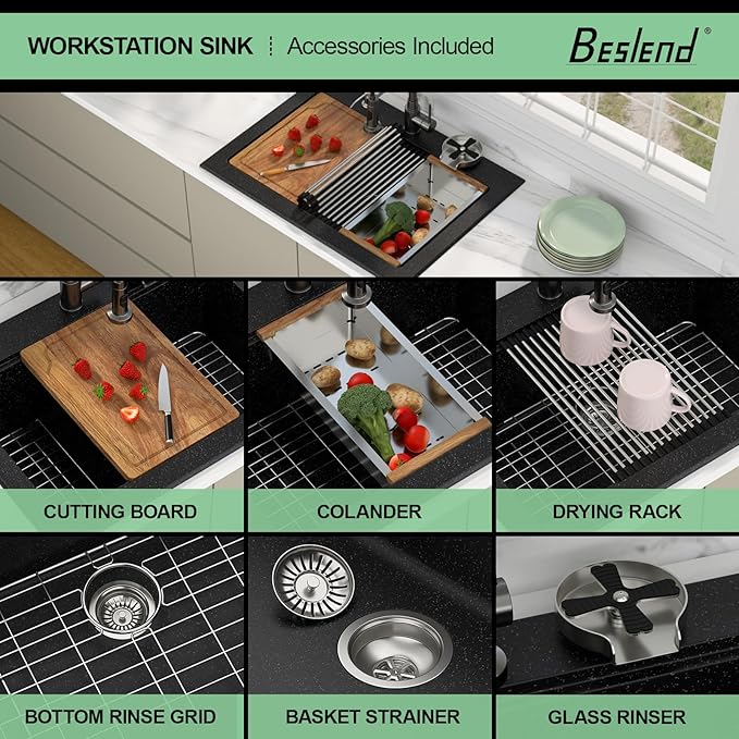 30 Granite Composite Kitchen Sink - Beslend 30x22 Drop In Black Kitchen Sink with High Pressure Glass Rinser, Granite Composite Worksation Black Sinks Easy Clean Quartz Basin for Kitchen Remodel