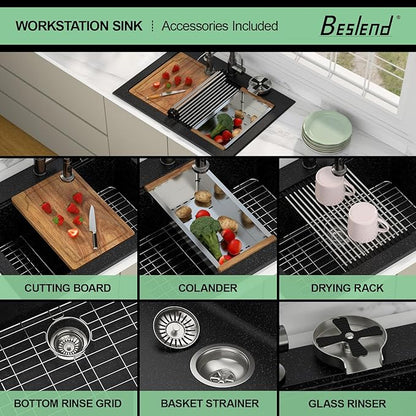 30 Granite Composite Kitchen Sink - Beslend 30x22 Drop In Black Kitchen Sink with High Pressure Glass Rinser, Granite Composite Worksation Black Sinks Easy Clean Quartz Basin for Kitchen Remodel