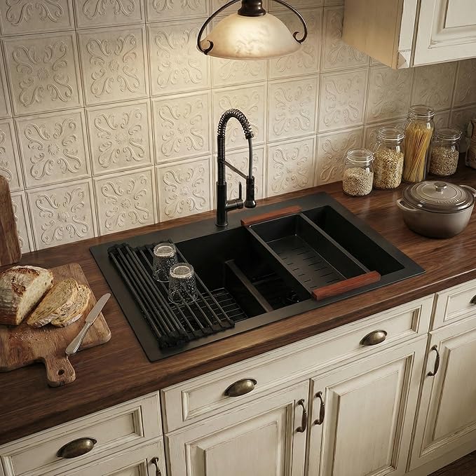 MILOSEN 33''x22''Black Double Bowl Kitchen Sink, 50/50 T304 Stainless Steel Drop in Kitchen Sinks, Topmount Large and Deep Workstation Sink, Handmade Low-Divide Double Basin with Custom Accessories