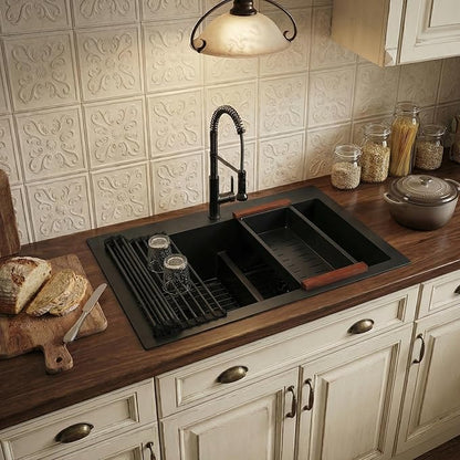 MILOSEN 33''x22''Black Double Bowl Kitchen Sink, 50/50 T304 Stainless Steel Drop in Kitchen Sinks, Topmount Large and Deep Workstation Sink, Handmade Low-Divide Double Basin with Custom Accessories