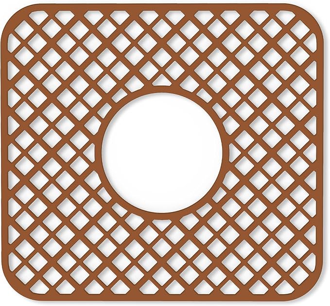 2 Pack Silicone Sink Protector for Kitchen Sink, Trellis Pattern 12 x 11" Sink Grid Mat Silicone Protectors, Center Drain, Coffee