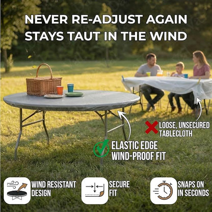Kwik-Covers 10 Pack of Round Plastic Table Covers - 60" or 72" Round - Indoor or Outdoor Fitted Covers (Tables NOT Included) (Metallic Silver, 60" Round)