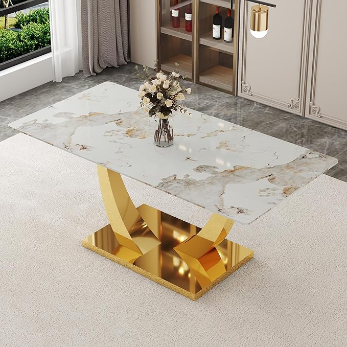 Faux Marble Dining Table, 71" Dining Room Table with Rectangular Tempered Glass Top for 6-8, Modern Kitchen Table with Golden U-Shaped Base, Contemporary Kitchen Dining Room Furniture