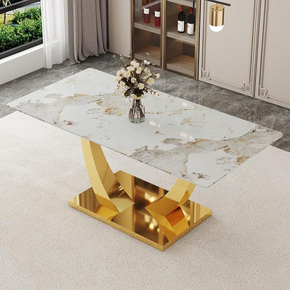 Faux Marble Dining Table, 71" Dining Room Table with Rectangular Tempered Glass Top for 6-8, Modern Kitchen Table with Golden U-Shaped Base, Contemporary Kitchen Dining Room Furniture