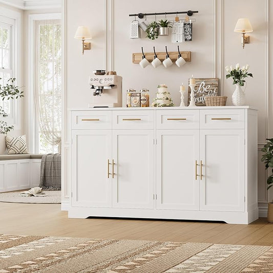 HOSTACK 60" Large Buffet Sideboard with Storage, 36" Tall Kitchen Buffet Storage Cabinet with 4 Drawers, Modern Coffee Bar Cabinet with Gold Handles, Long Sideboard Buffet Table for Kichen, White
