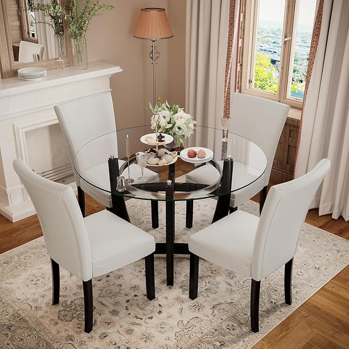 Dining Table, 48 Inch Clear Tempered Glass Round Dining Table, Solid Wood Base Dining Room Table, 31" High, Modern Round Kitchen Dining Room Table Furniture