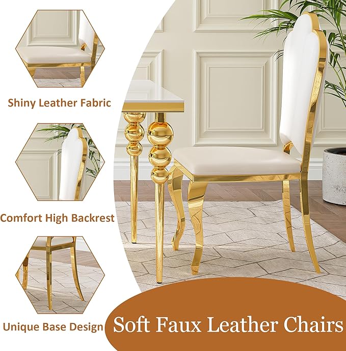 Luxurious 7 Piece Dining Table Set, 70 Inch White Glass Kitchen Table and 6 White Petal Back Chairs with Gold Stainless Steel Legs, for Dining Room, Living Room, Restaurant