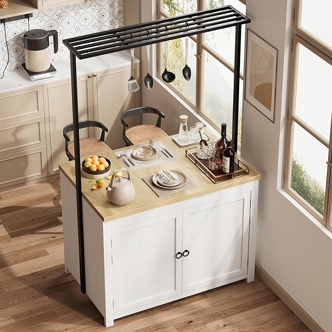 GarveeHome Kitchen Island with Storage 42 in - Heavy Duty Kitchen Cart, Mobile Kitchen Island with 2-Tier Shelves & 5 Hooks, Solid Wood Countertop for Small Spaces (White & Natural)